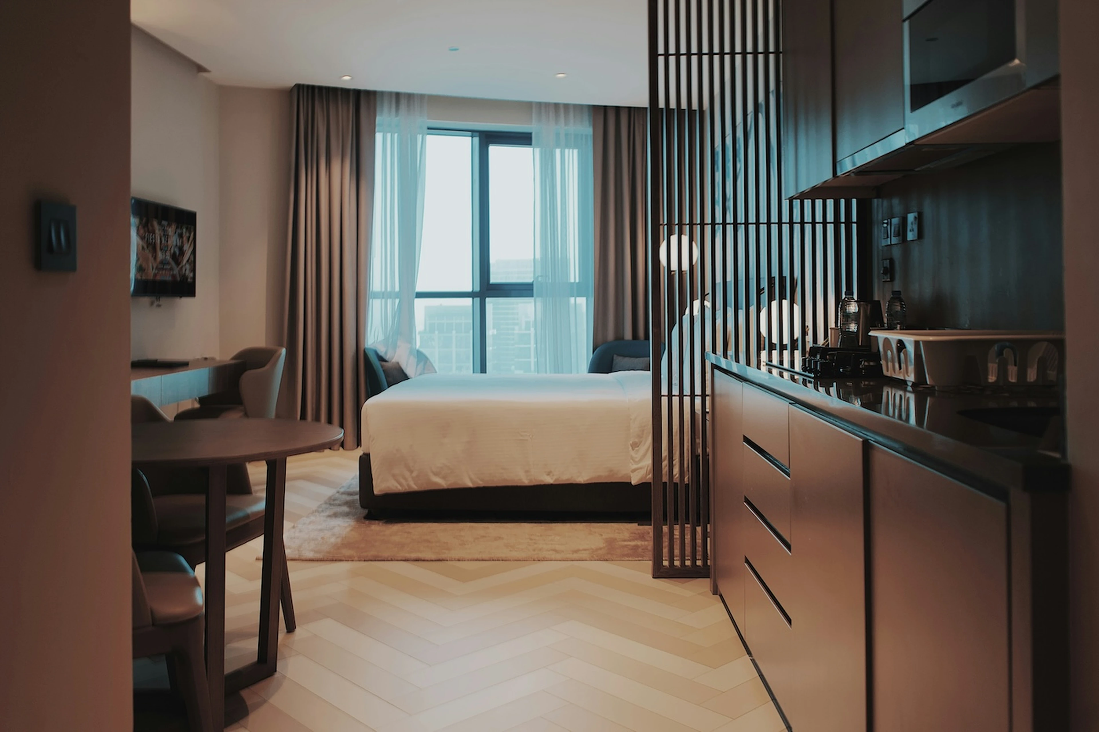 spacious hotel room with modern interior