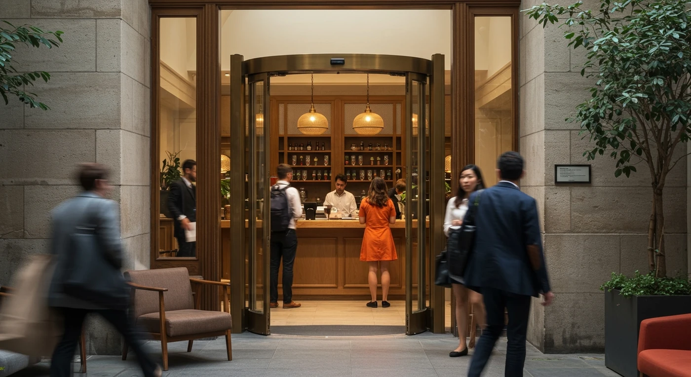 People passing by a hotel entrance and guests waiting at the front desk