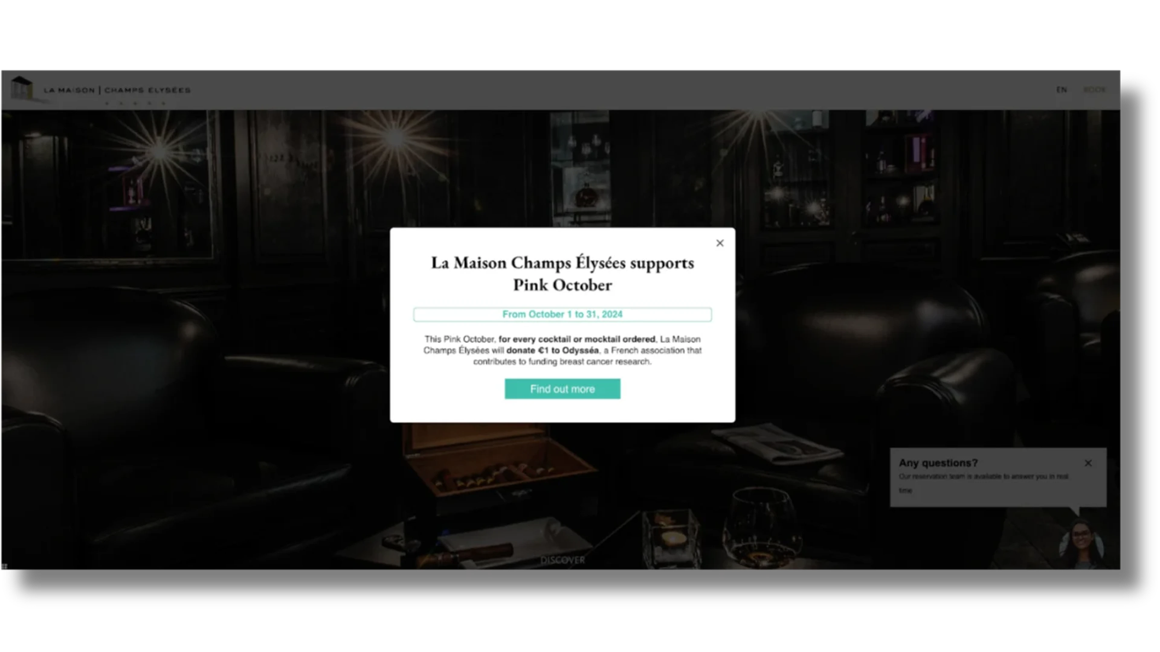 Popup on a dark webpage reads "La Maison Champs Élysées supports Pink October" with event dates and a "Find out more" button.
