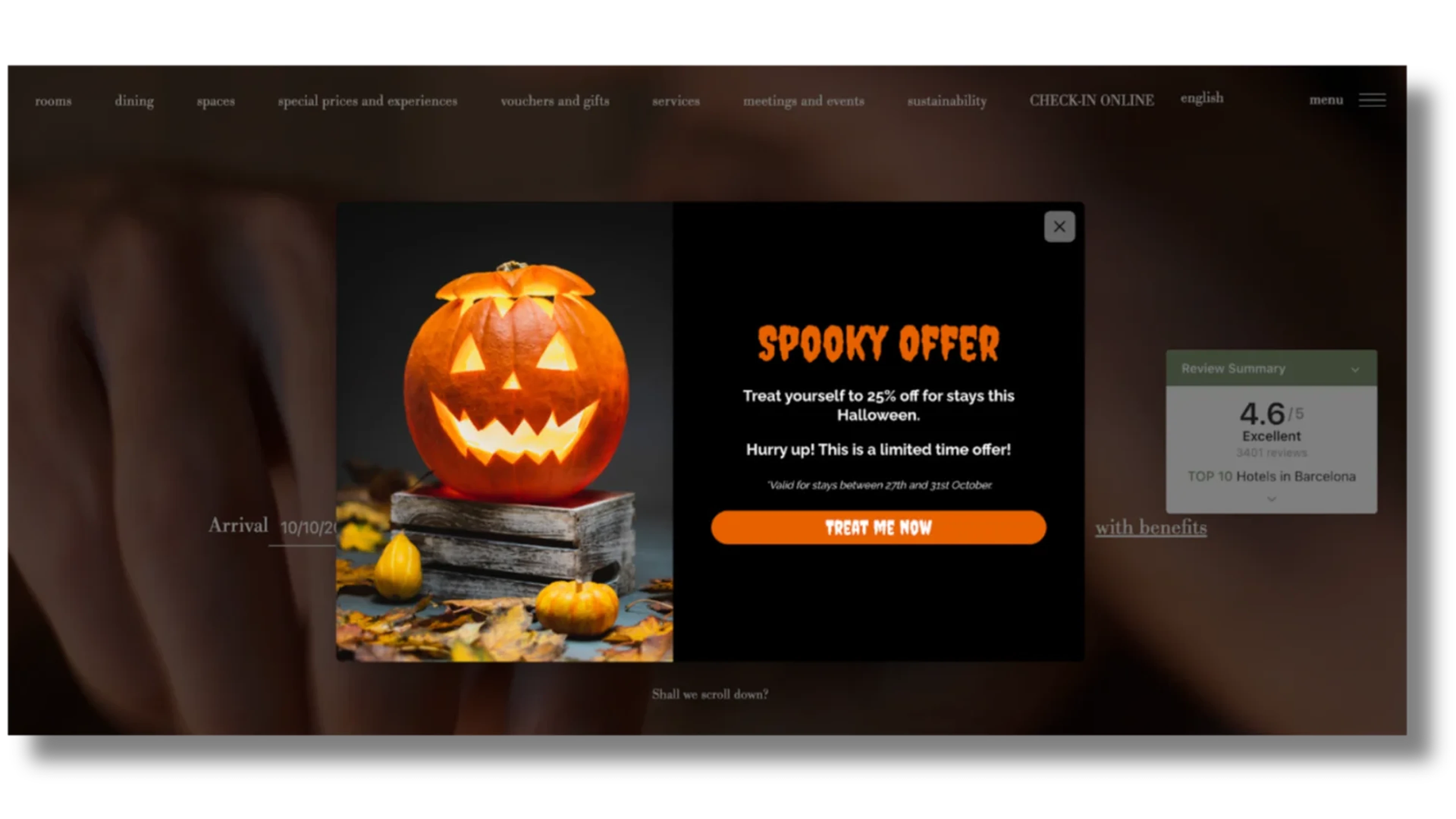Halloween-themed website popup with a carved pumpkin and "Spooky Offer" text, offering a 25% discount on stays.