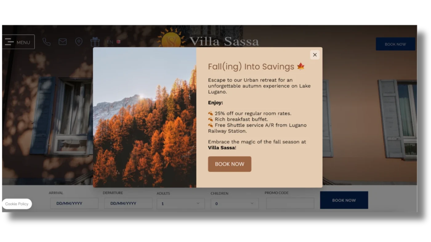 Pop-up ad on a website for Villa Sassa, promoting autumn savings with a mountain and tree view in the background.