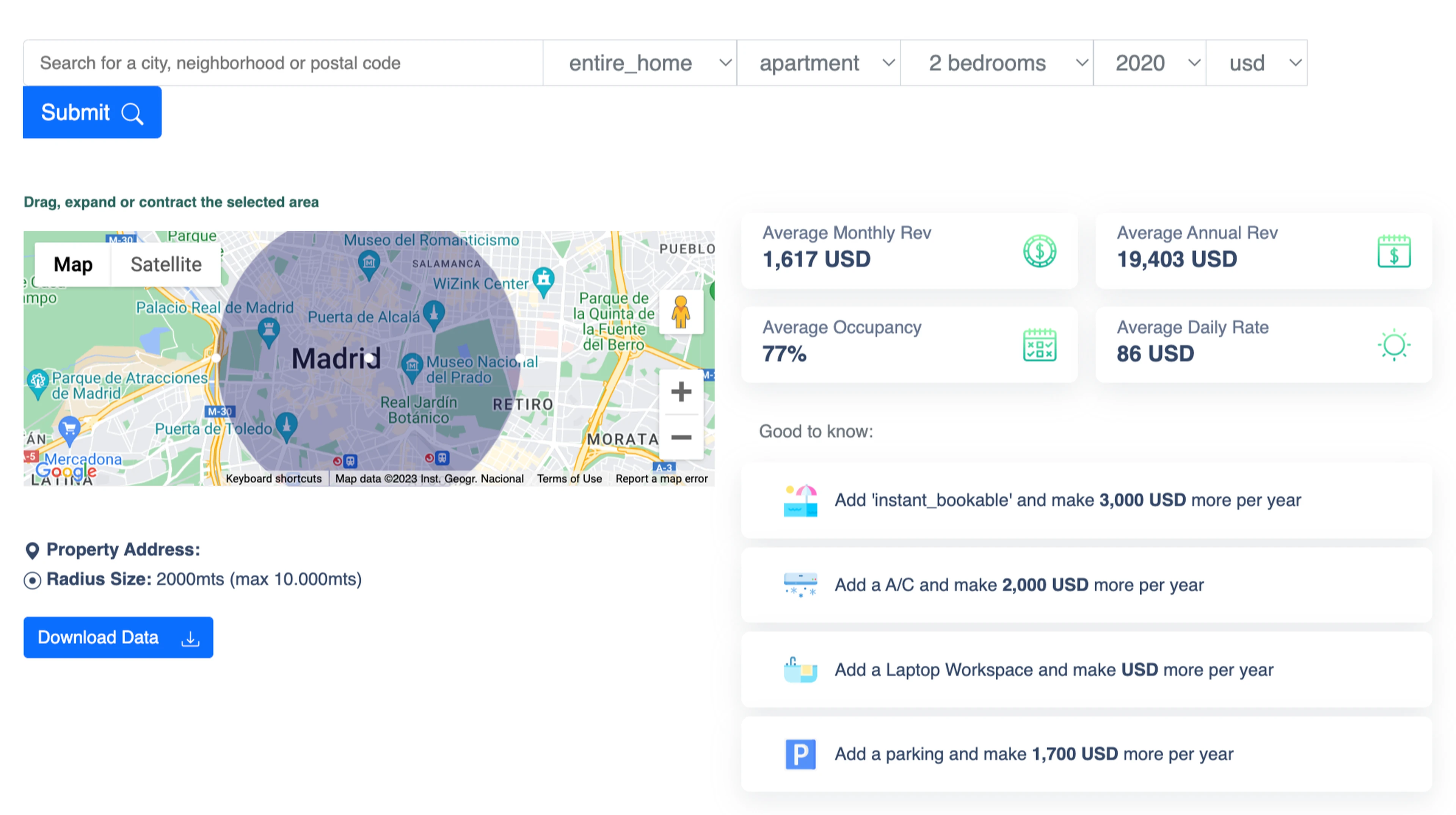 Short-term rental calculator map, monthly revenue, occupancy, daily rate displays