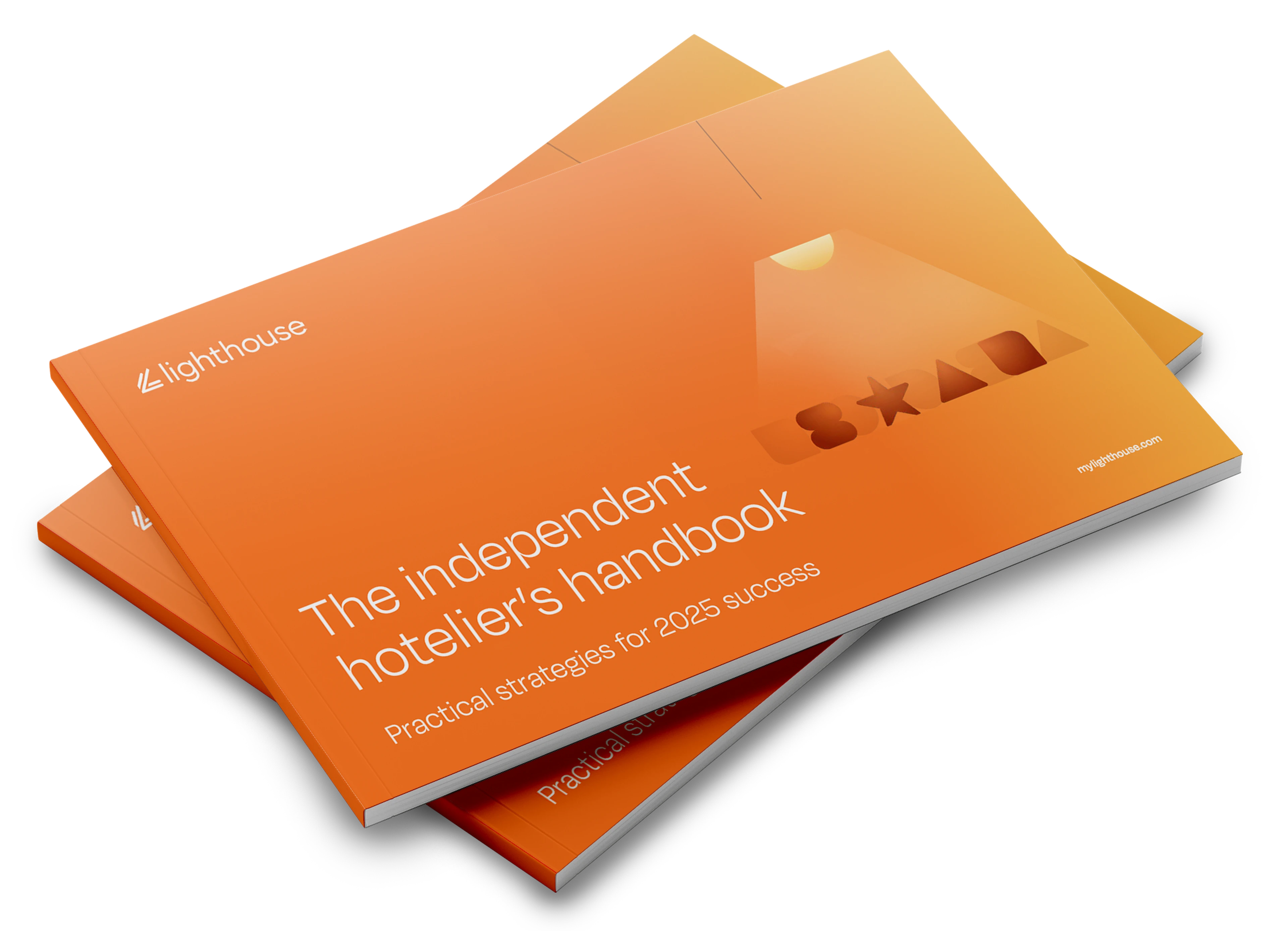 Two orange booklets titled "The Independent Hotelier's Handbook: Practical Strategies for 2025 Success" with a lighthouse logo.