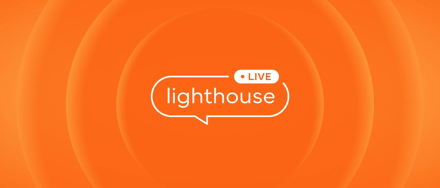 Orange gradient banner with concentric circular patterns, featuring a white speech bubble containing the word “lighthouse” and a small red “LIVE” badge in the top right corner of the bubble.