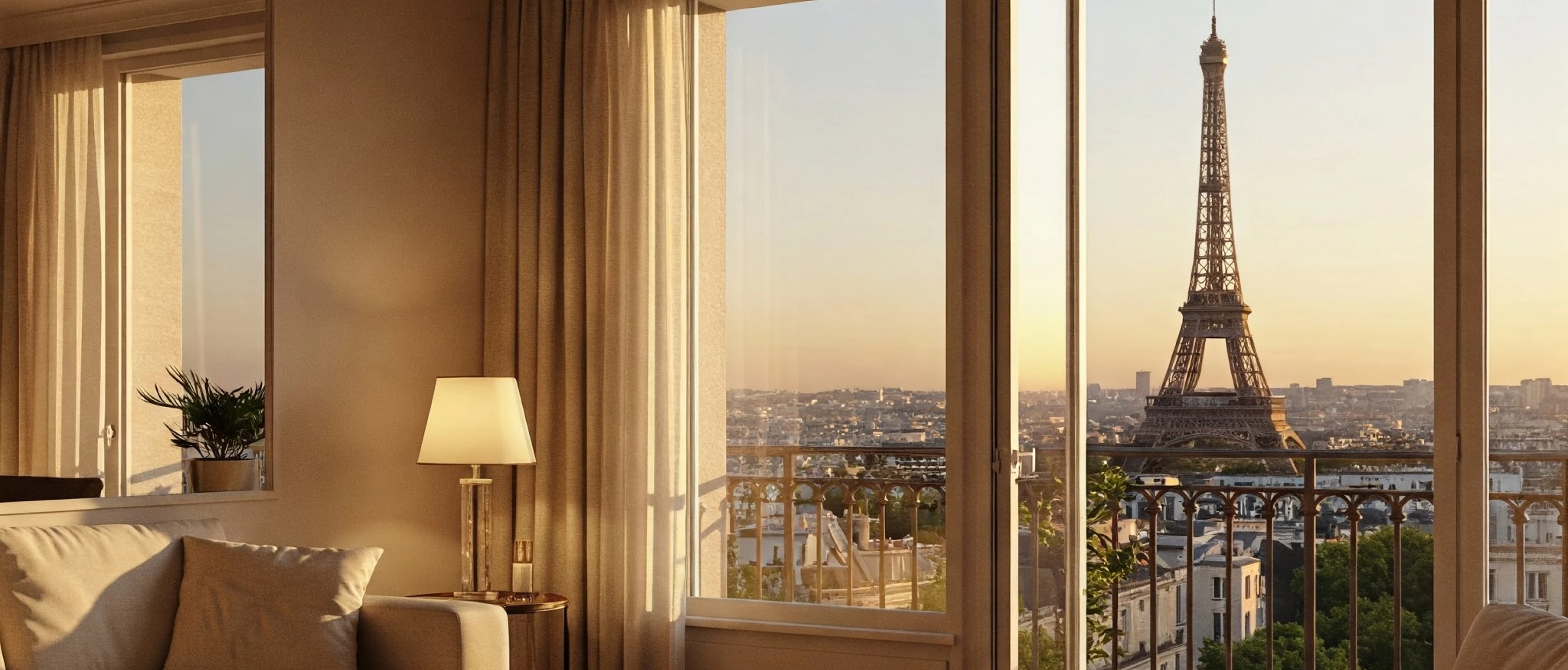 A warm, inviting Paris apartment interior at golden hour with the Eiffel Tower visible through the window. The cozy space features soft lighting, neutral decor, and a peaceful ambiance.