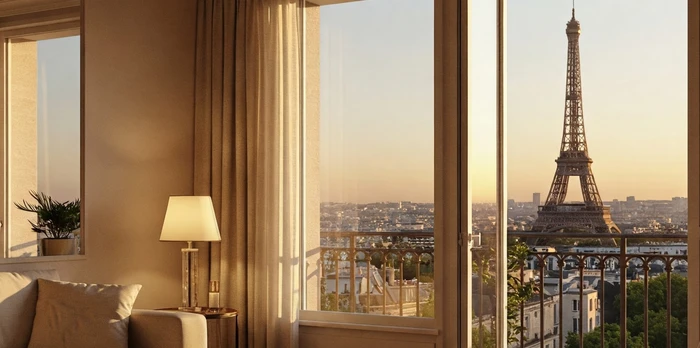 A warm, inviting Paris apartment interior at golden hour with the Eiffel Tower visible through the window. The cozy space features soft lighting, neutral decor, and a peaceful ambiance.