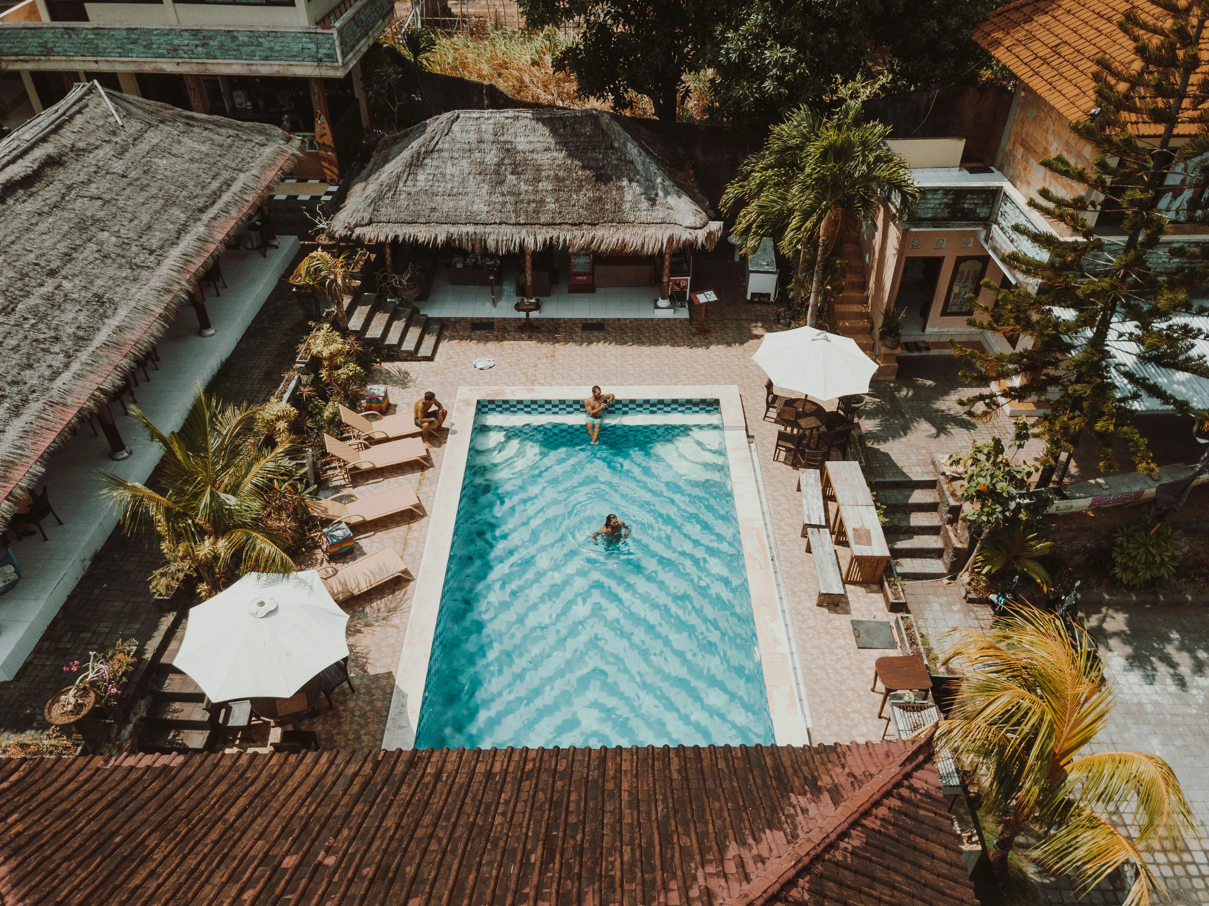 hotel swimming pool surrounded by palm trees