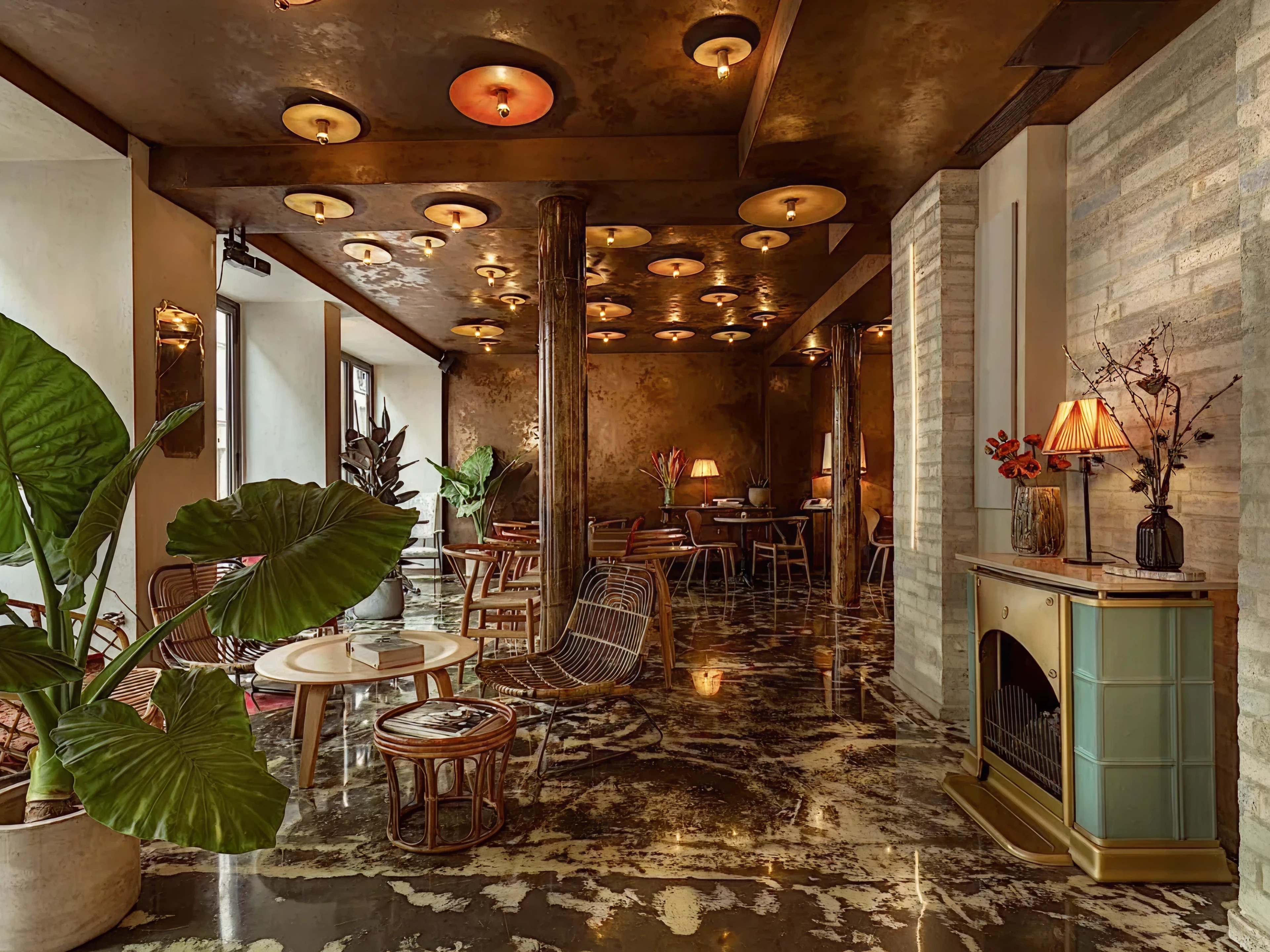 Cozy vintage hotel lounge with rattan chairs, large potted plants, warm brass ceiling lights, glossy marbled floor and a small decorative fireplace