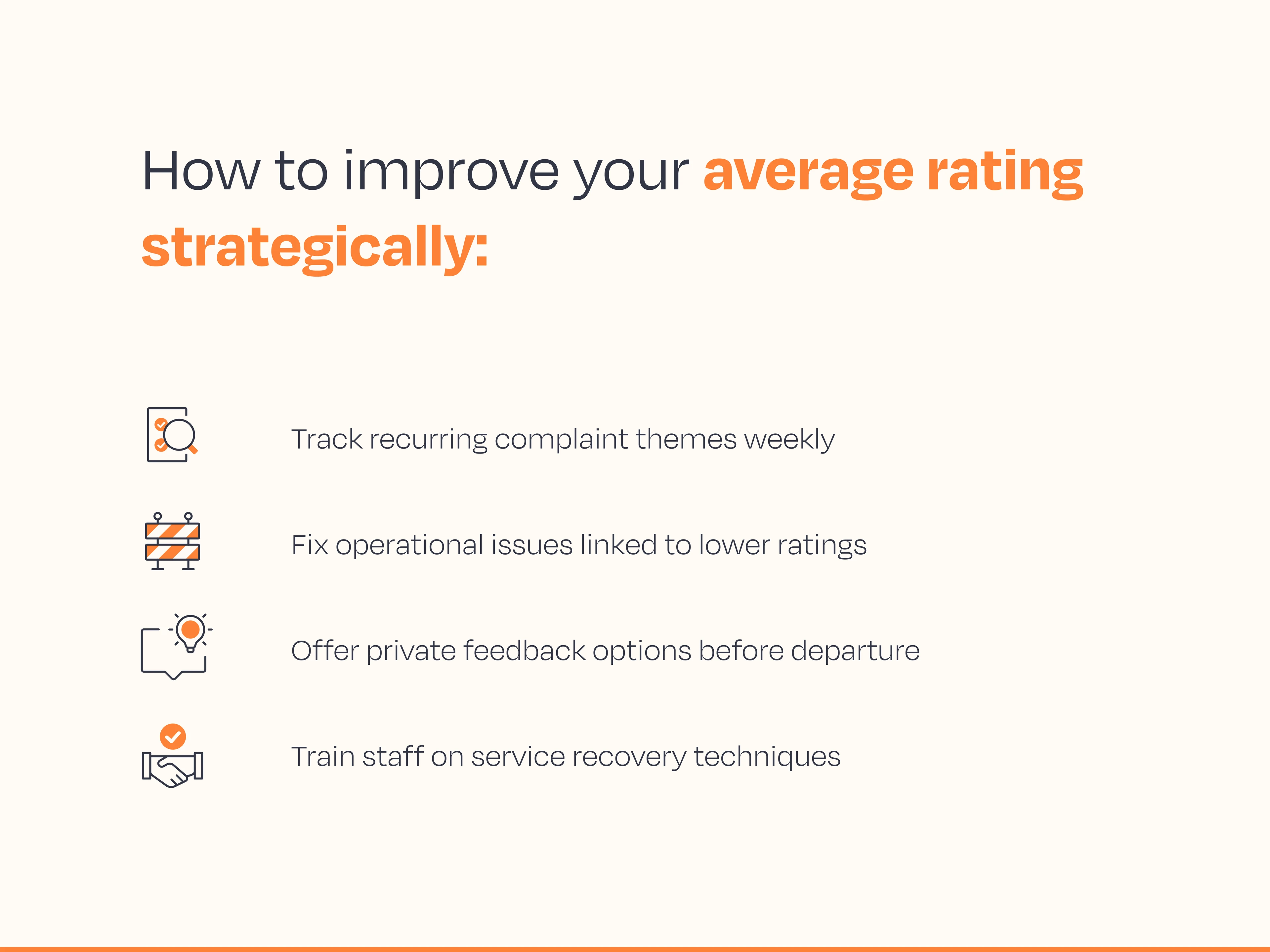 How to improve your average rating strategically:Track recurring complaint themes weekly Fix operational issues linked to lower ratings Offer private feedback options before departure Train staff on service recovery techniques