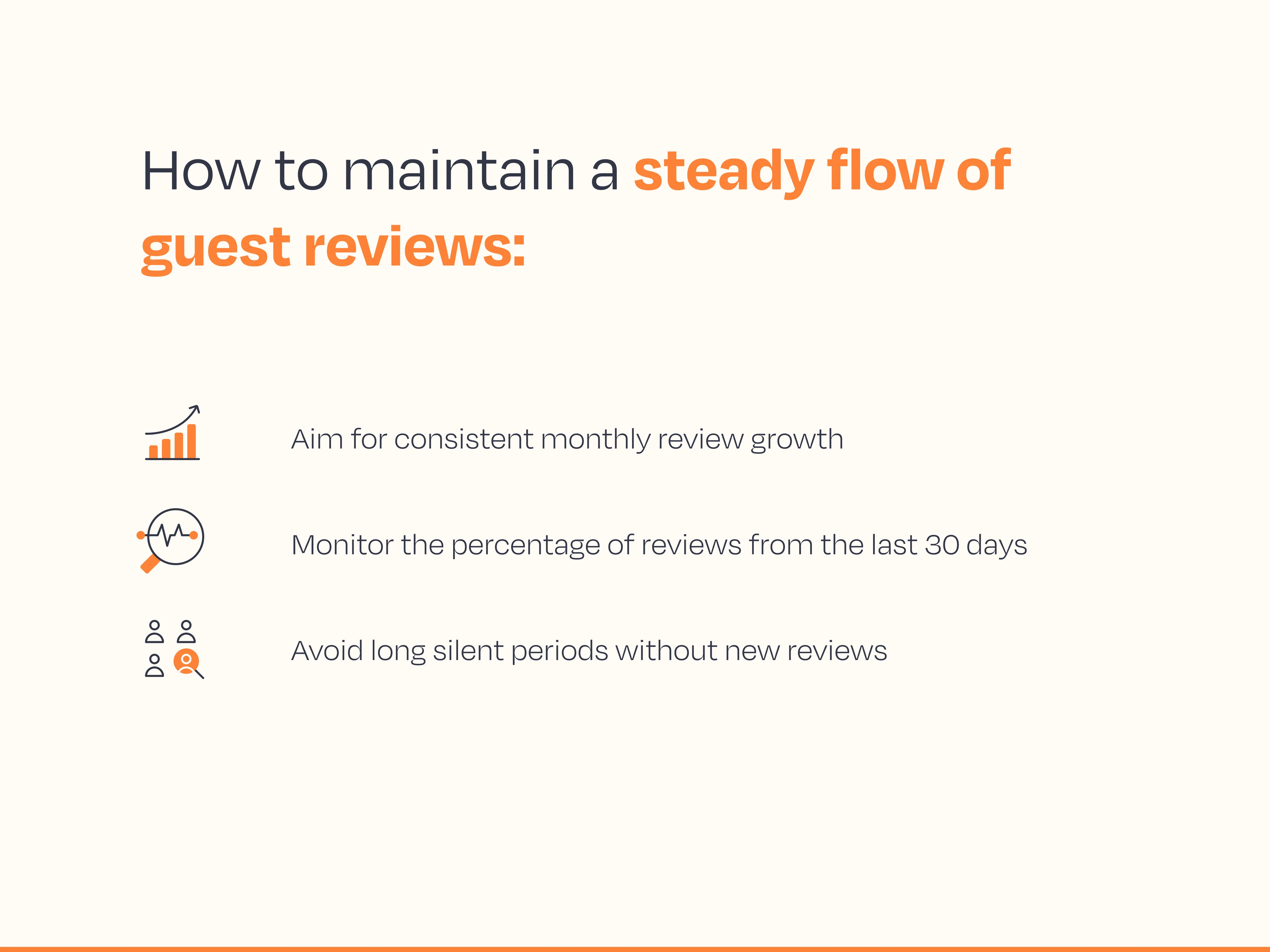 How to maintain a steady review flow:      Aim for consistent monthly review growth    Monitor the percentage of reviews from the last 30 days    Avoid long silent periods without new reviews