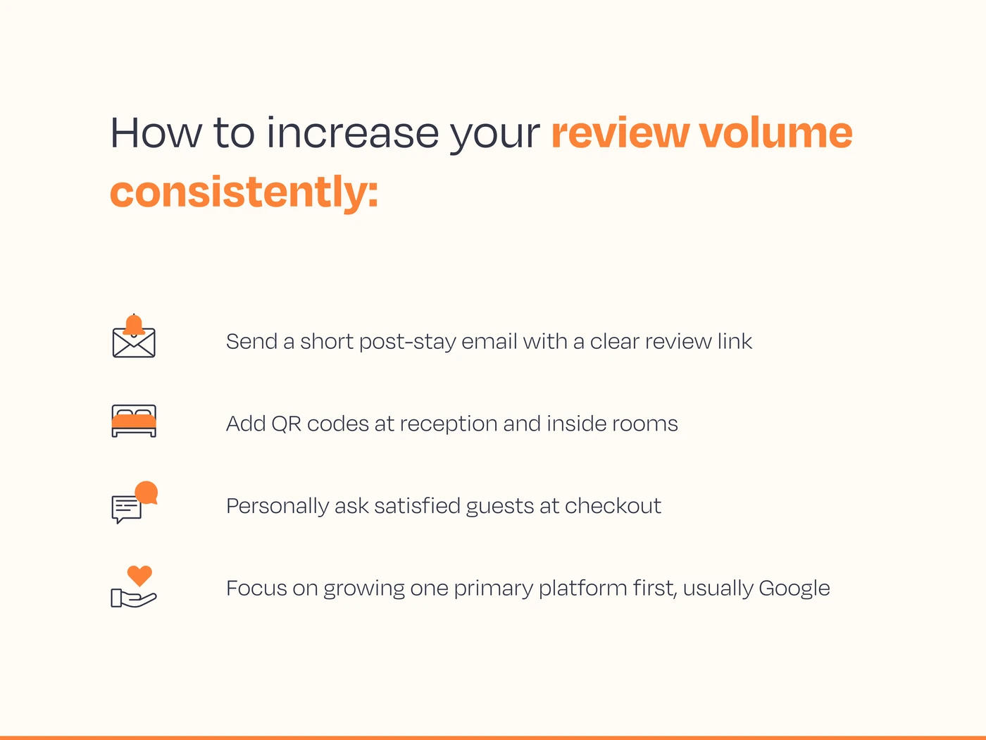 How to increase your review volume consistently: Send a short post-stay email with a clear review link Add QR codes at reception and inside rooms Personally ask satisfied guests at checkout Focus on growing one primary platform first, usually Google