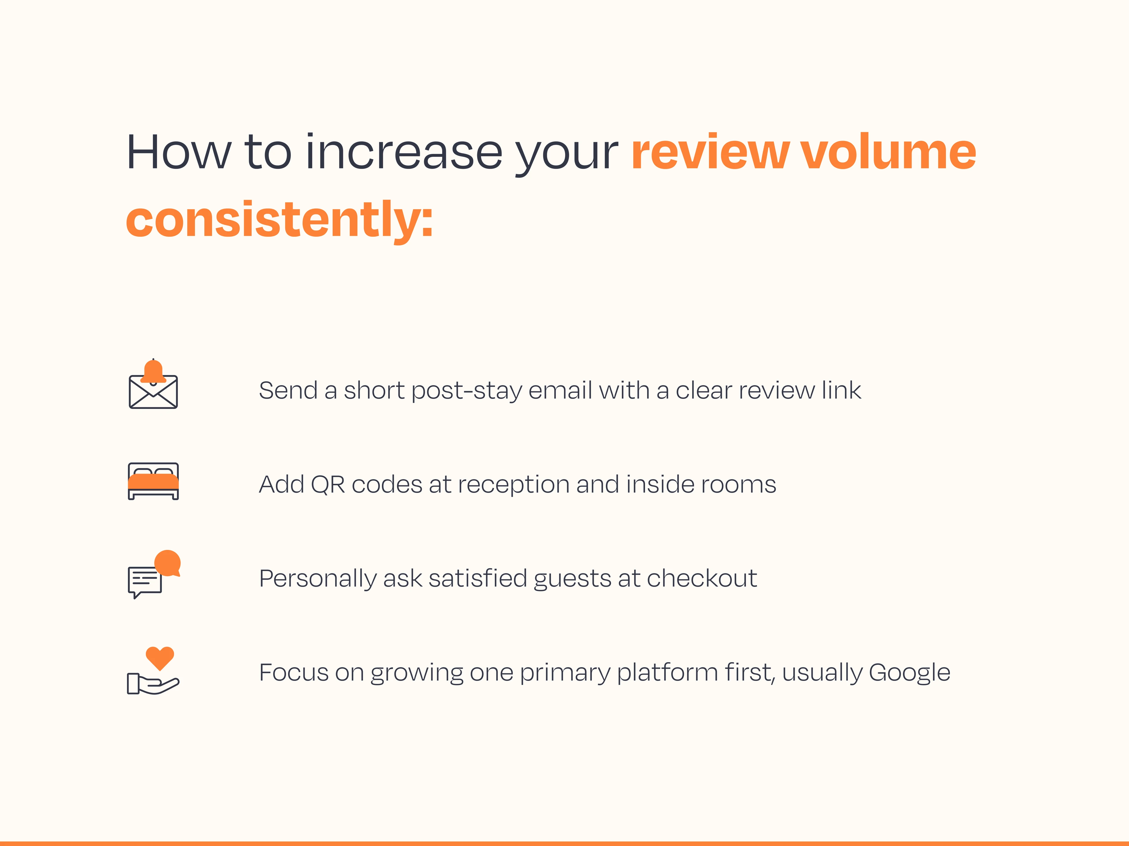 How to increase your review volume consistently: Send a short post-stay email with a clear review link Add QR codes at reception and inside rooms Personally ask satisfied guests at checkout Focus on growing one primary platform first, usually Google