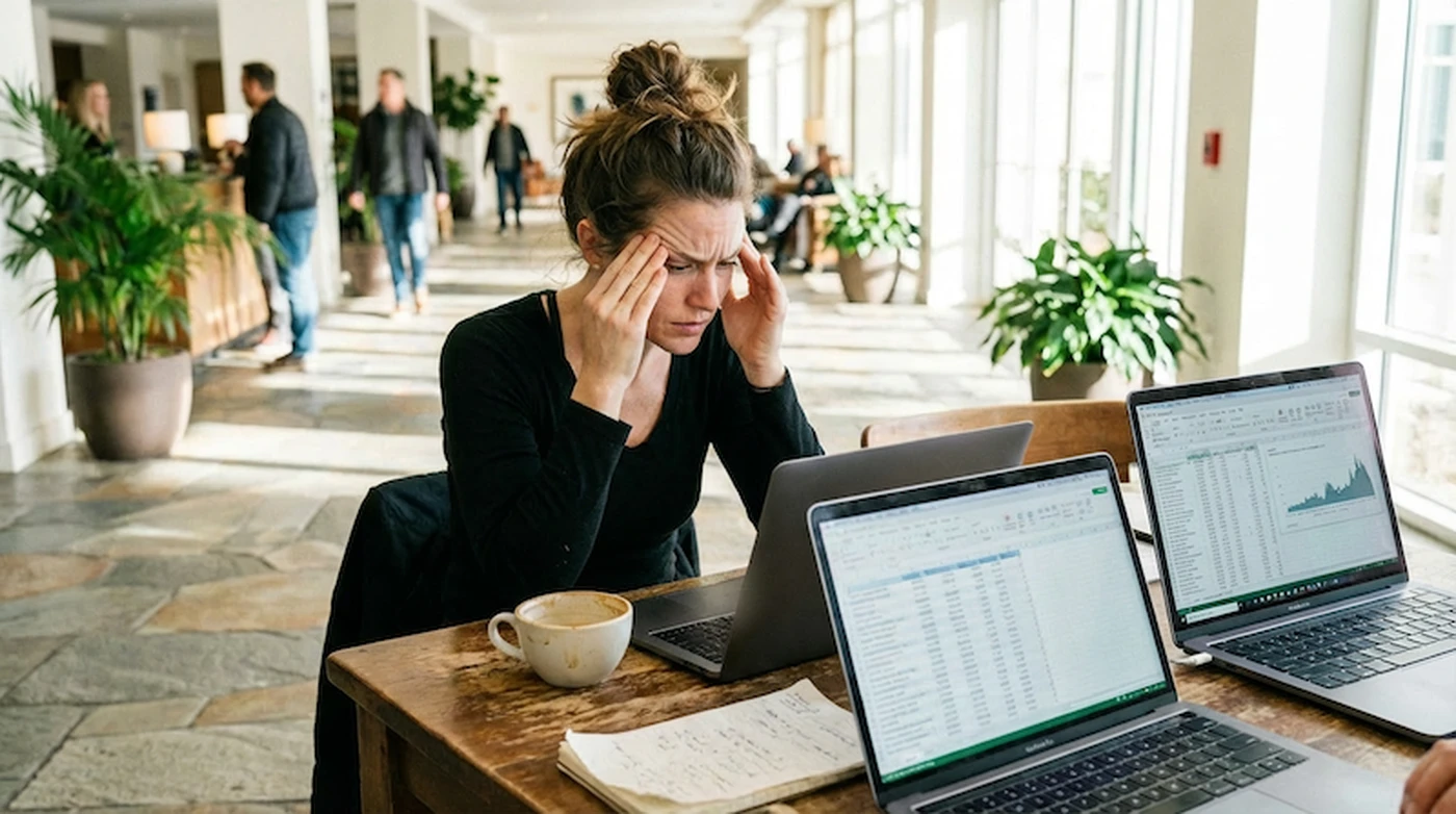 woman looking confused at data reports on a laptop in a hotel lobby