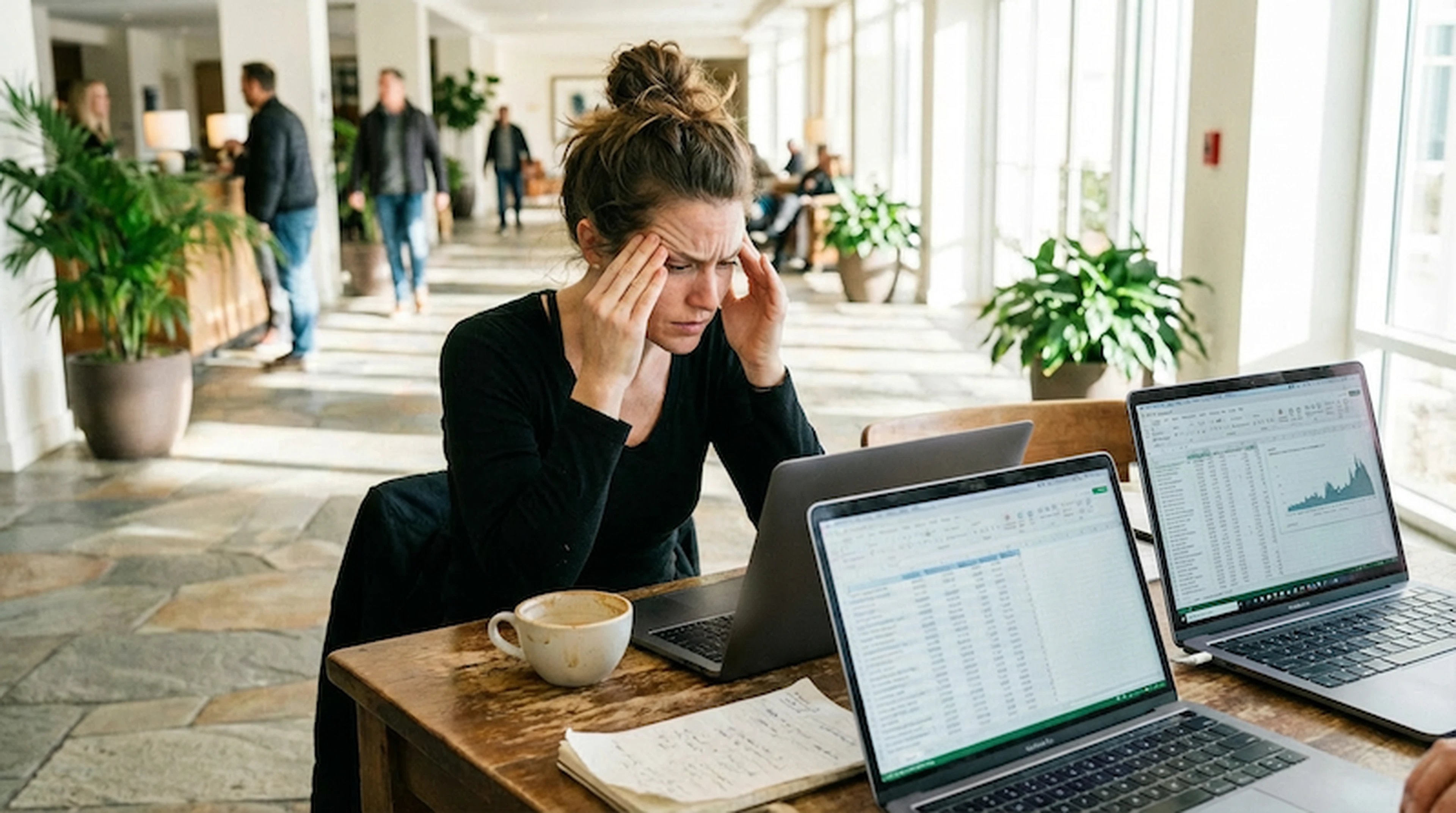 woman looking confused at data reports on a laptop in a hotel lobby