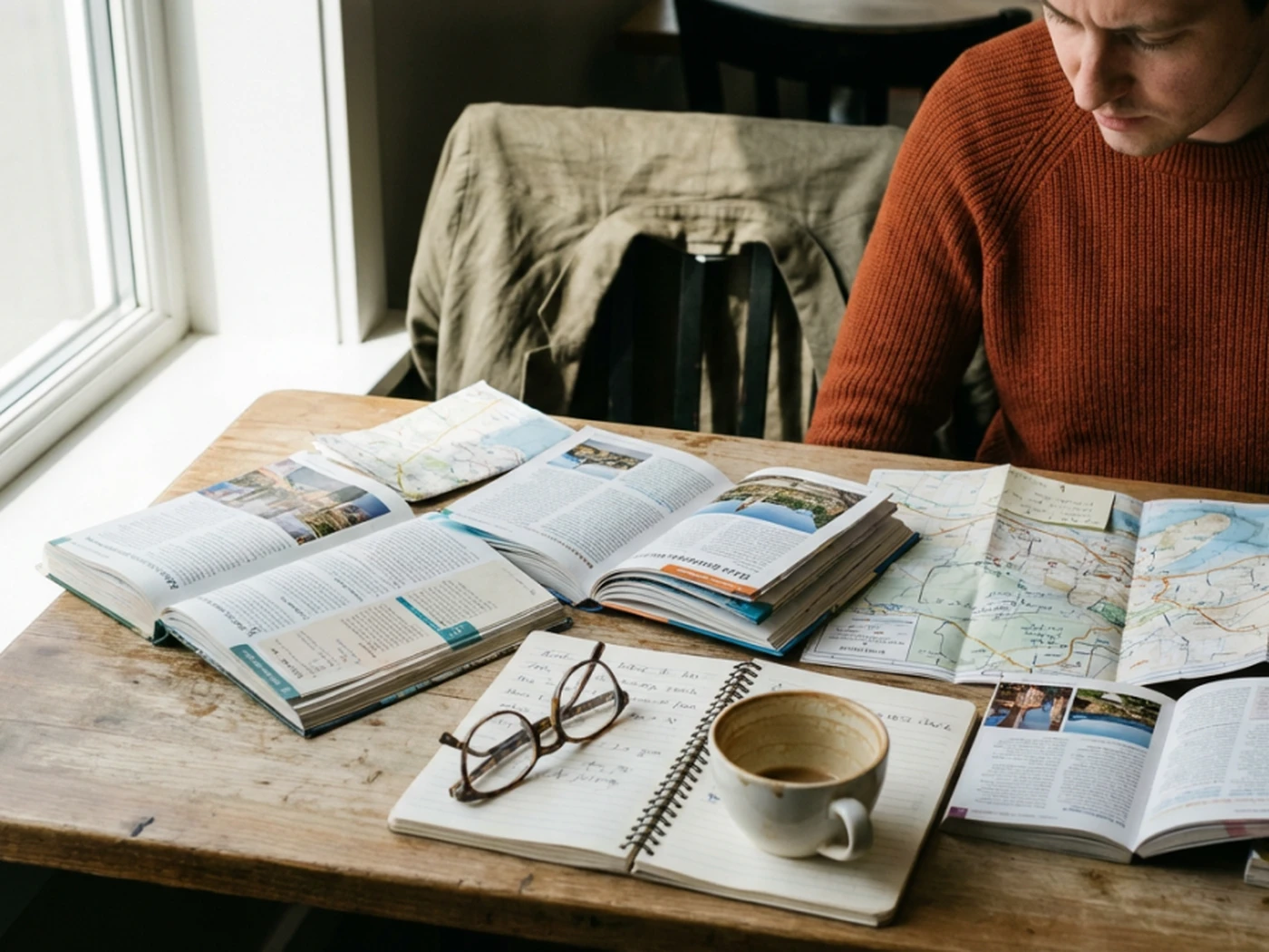 Person at a window table planning a trip with open maps, guidebooks, a notebook with glasses, and a coffee.