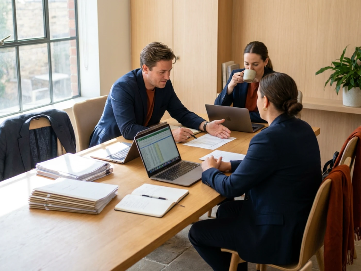 hotel managers discussing numbers in a meeting