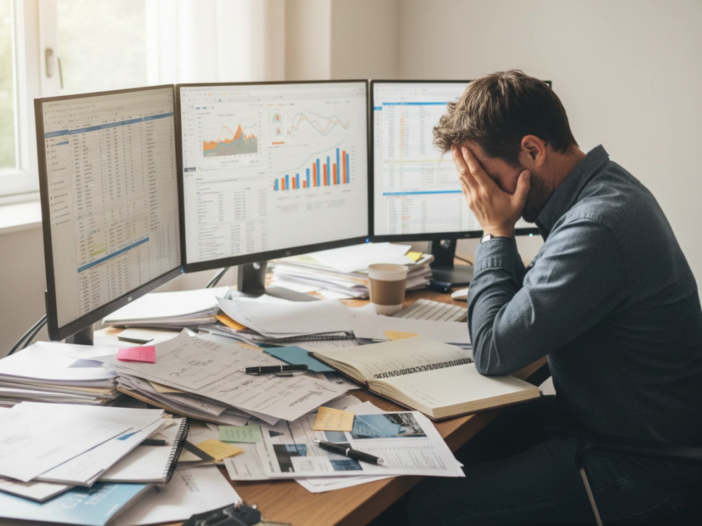 A stressed man sits at a cluttered desk with paperwork, holding his head in his hands. Four monitors display charts and data.