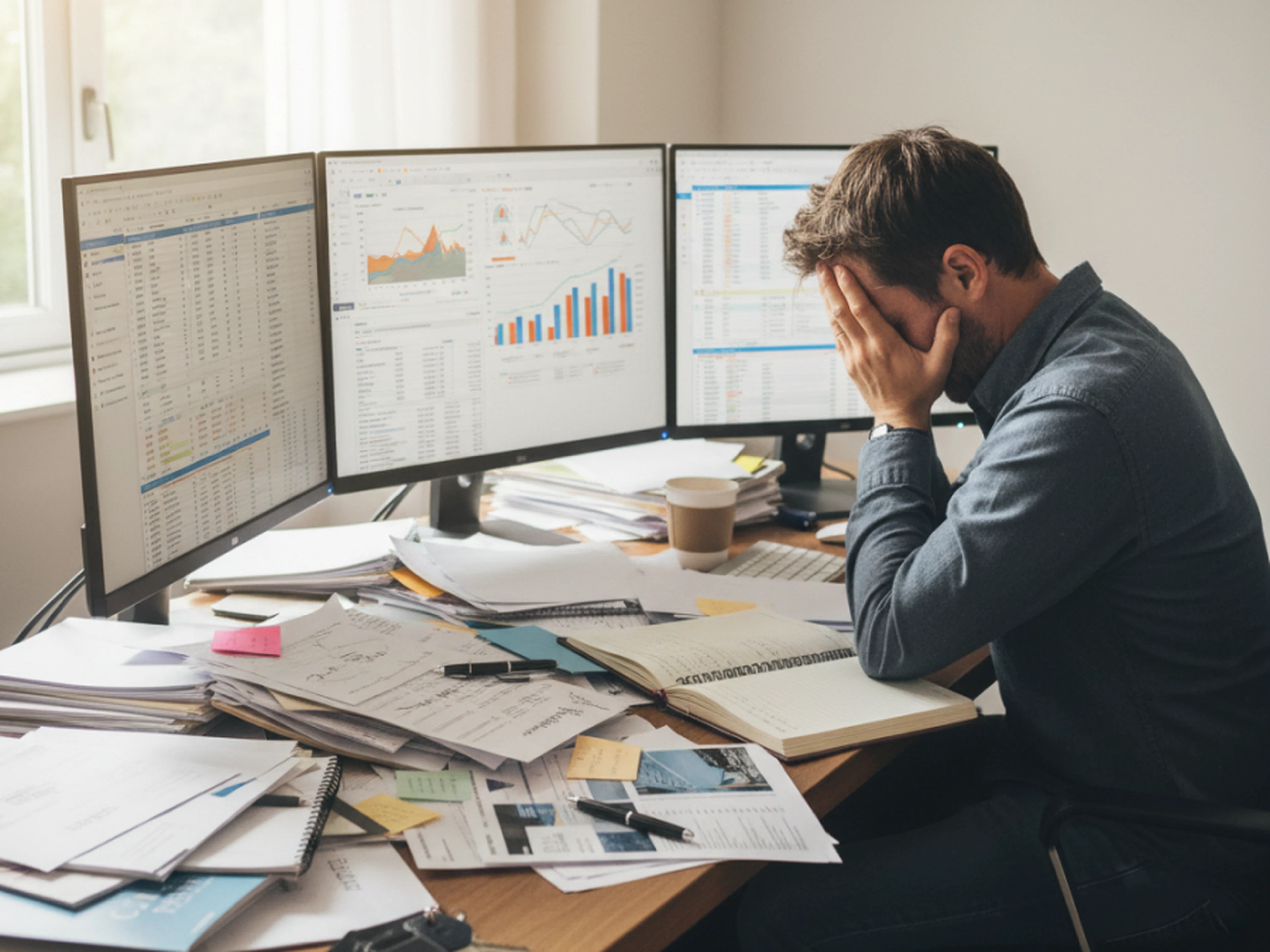 A stressed man sits at a cluttered desk with paperwork, holding his head in his hands. Four monitors display charts and data.