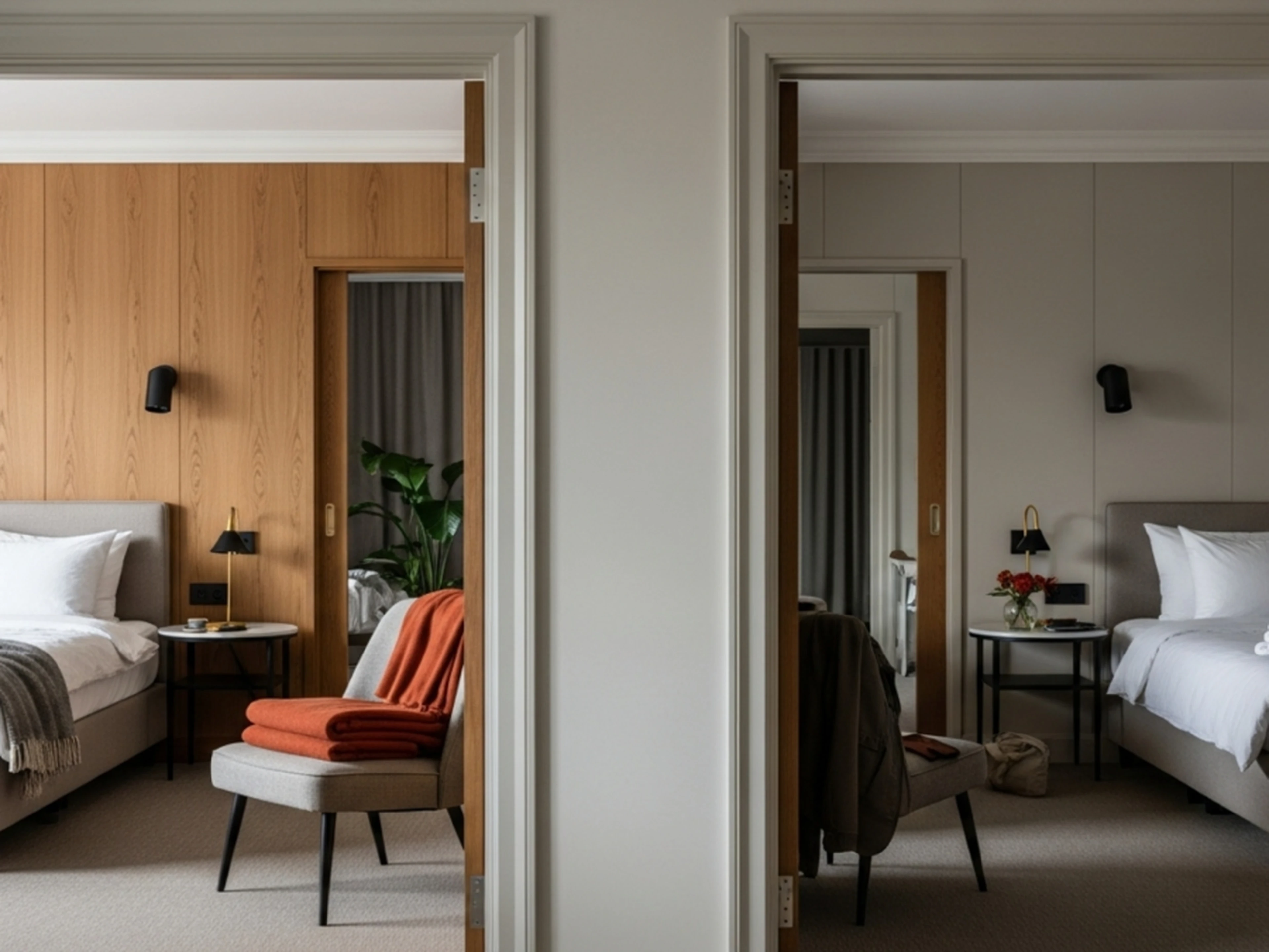 two adjacent hotel rooms with doors open