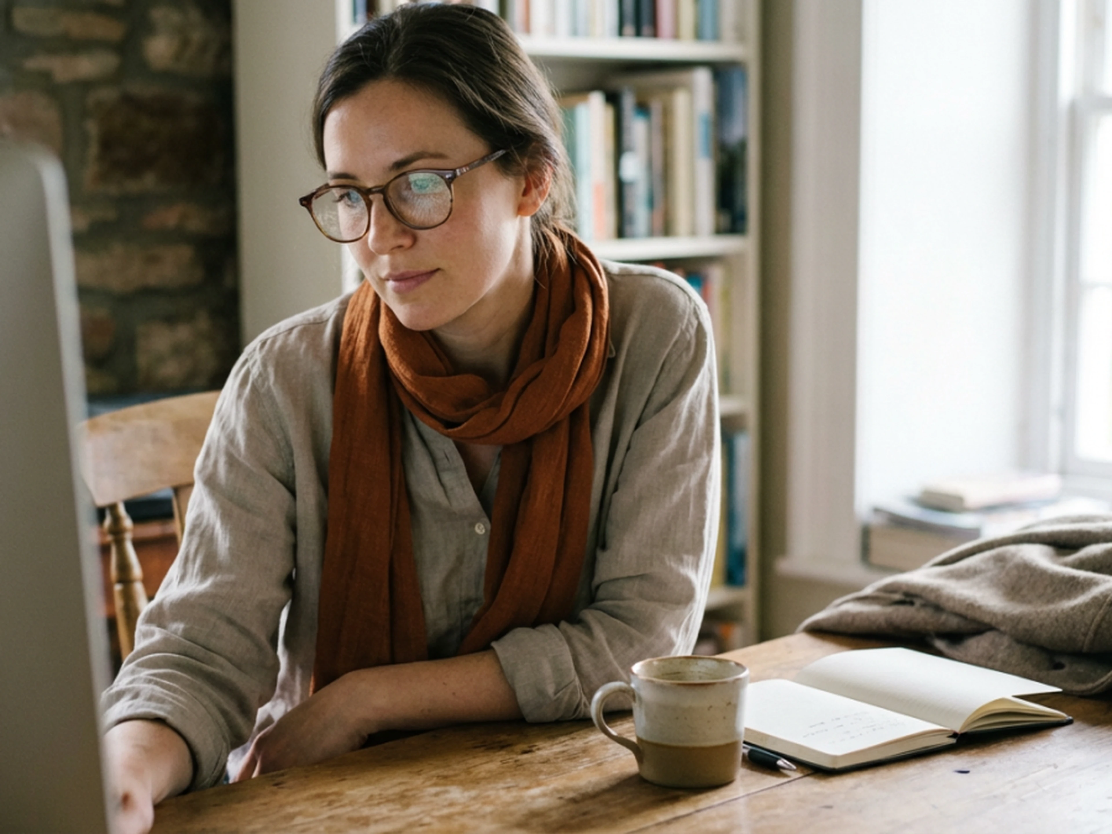 Person with glasses and an orange scarf working at a computer on a wooden desk, notebook and mug nearby, bookshelves and window behind planning her next holiday