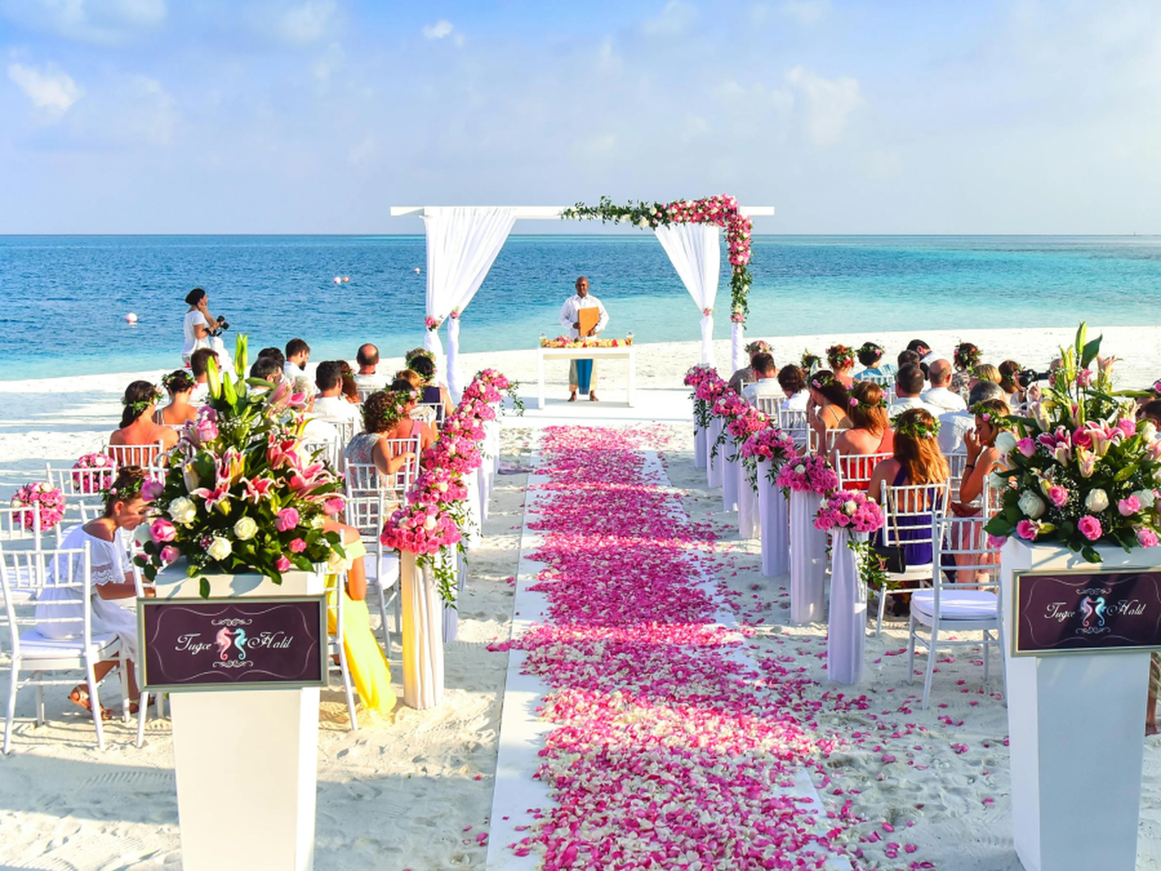 Beach wedding with white arch, pink-petal aisle, abundant floral arrangements and guests seated by the turquoise ocean.