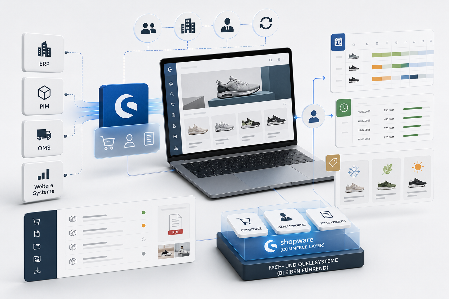 Shopware B2B Commerce – Enterprise-Händlerportal mit ERP-, PIM- und OMS-Integration | SOWHAT! Moderne Illustration einer Shopware-B2B-Commerce-Plattform mit Händlerportal, Vertreter-Login, Debitorenwechsel, Lieferterminen, Vororder- und Nachorderprozessen sowie Integration von ERP-, PIM- und OMS-Systemen in einer Enterprise-Architektur.