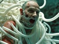 A man with a distressed expression entangled in numerous white tubes against a dark blue background.