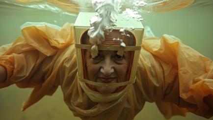 Person underwater wearing an orange protective suit and helmet, with bubbles rising to the surface.