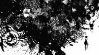 Abstract black and white droplets with swirling patterns and a small silhouette of a person on the right.