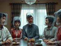 Five people sit around a table, each wearing clear plastic hoods. The table has drinks and snacks. A window with curtains is in the background.