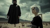 Two people in futuristic outfits with transparent cube helmets float in a desert landscape under a cloudy sky.