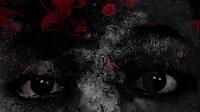 Close-up of eyes with a textured, grungy overlay. Red abstract shapes appear above, creating a dramatic and intense atmosphere.