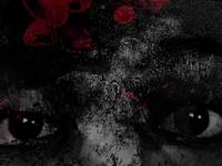 Close-up of eyes with a textured, grungy overlay. Red abstract shapes appear above, creating a dramatic and intense atmosphere.