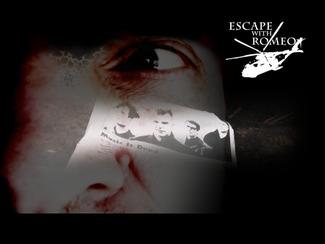 Close-up of a person's eye with a newspaper showing band members. "Escape with Romeo" and helicopter graphic in the upper right corner.