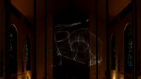 Dark interior of a dimly lit church with abstract light patterns project White lines like spider webs on a black background.ed on the wall, framed by arched stained glass windows.