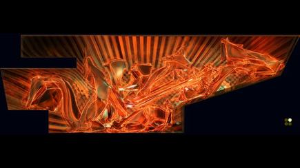 Abstract orange and black digital artwork featuring dynamic, angular shapes and fluid lines on a dark background.