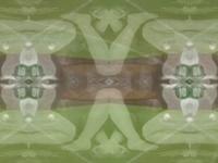 Abstract symmetrical pattern with mirrored human-like shapes from  roman frescoes in muted green and brown tones, creating a kaleidoscopic effect.