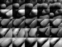 Close-up grid of black and white images showing different angles and textures of fingers, highlighting skin details and shadows.