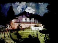 A surreal collage with a classical painting of a person overlaid on a blurred image of a house and garden, creating a dreamlike effect.