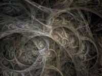 Abstract fractal art with swirling, interwoven lines and muted colors, creating an intricate, layered pattern against a dark background.