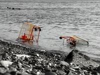 Low saturated image of two shopping carts partially submerged in the river near a rocky shoreline, with gentle waves lapping at the shore.