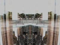 Abstract mirrored image of a metal ladder leading into a pool, with trees and houses in the background, creating a symmetrical effect.