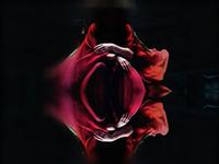 A person in a flowing red dress sits with arms crossed, reflected in a dark, glossy surface, creating a symmetrical, artistic effect.