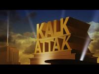 Golden 3D text "KALK ATTAK" illuminated by spotlights against a dramatic sky, resembling a classic movie studio logo.