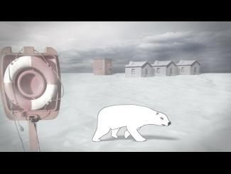 A comic polar bear walks on snow near a lifebuoy and small buildings under a cloudy sky.