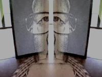 Abstract mirrored image of a face with glasses, creating a symmetrical and surreal visual effect.