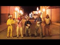 Five people in animal costumes standing on a dimly lit street at night, with buildings and streetlights in the background.