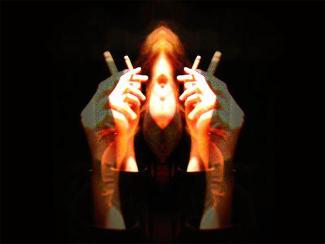 Abstract image of a person with mirrored hands holding cigarettes, creating a surreal, symmetrical effect against a dark background.