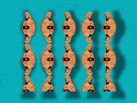 Repeated pattern of a wooden Jesus statue on a textured turquoise background, arranged in rows with alternating orientations.