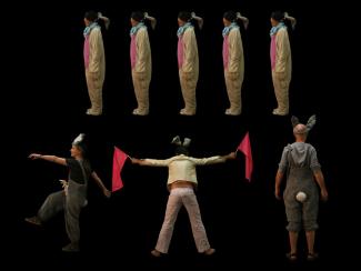 A person in a bunny costume is shown in multiple side views above, with two people in costumes holding red flags below, against a black background.